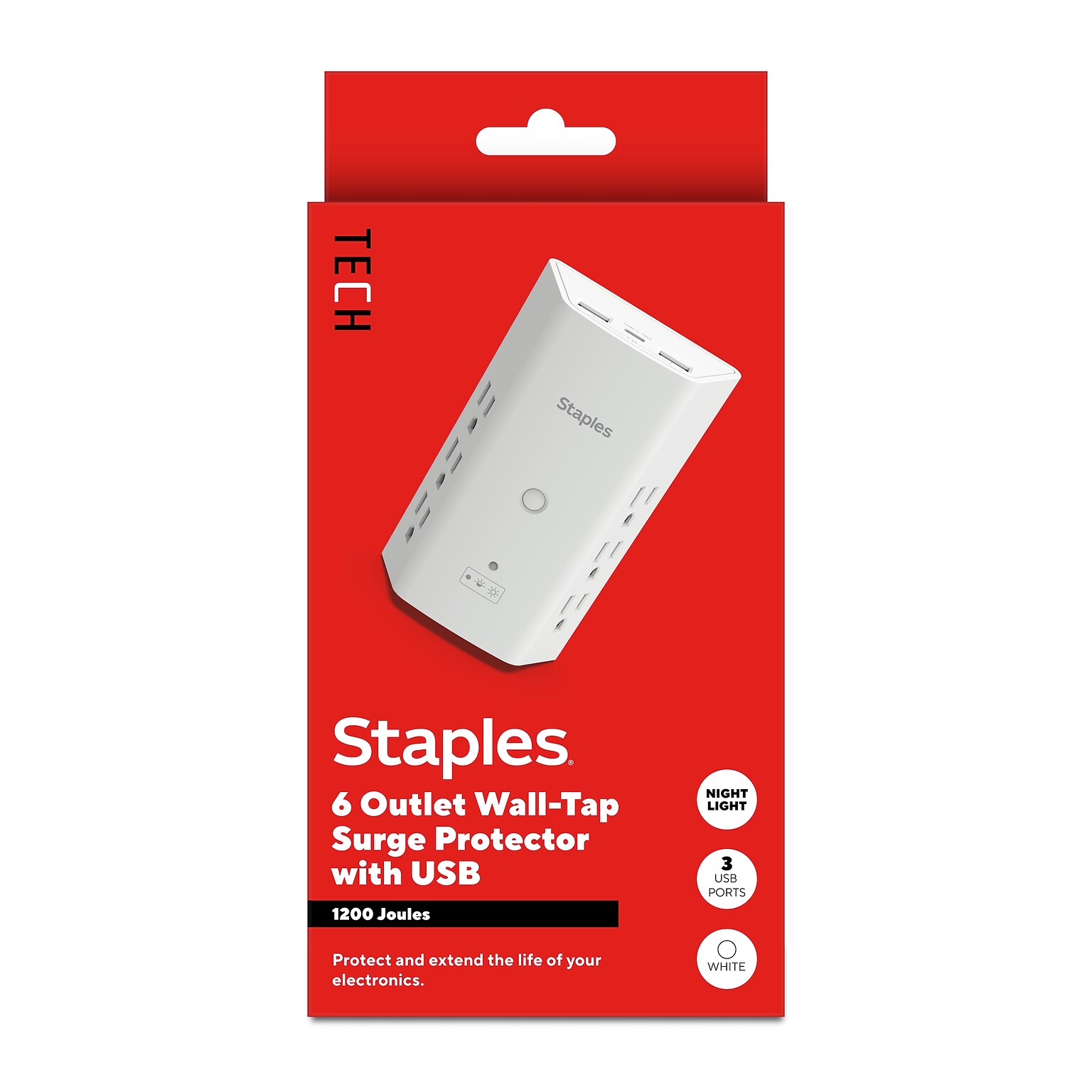 Staples TECH 6-Outlet 3-USB Port Surge Protector, 1200 Joules, White (ST62778)