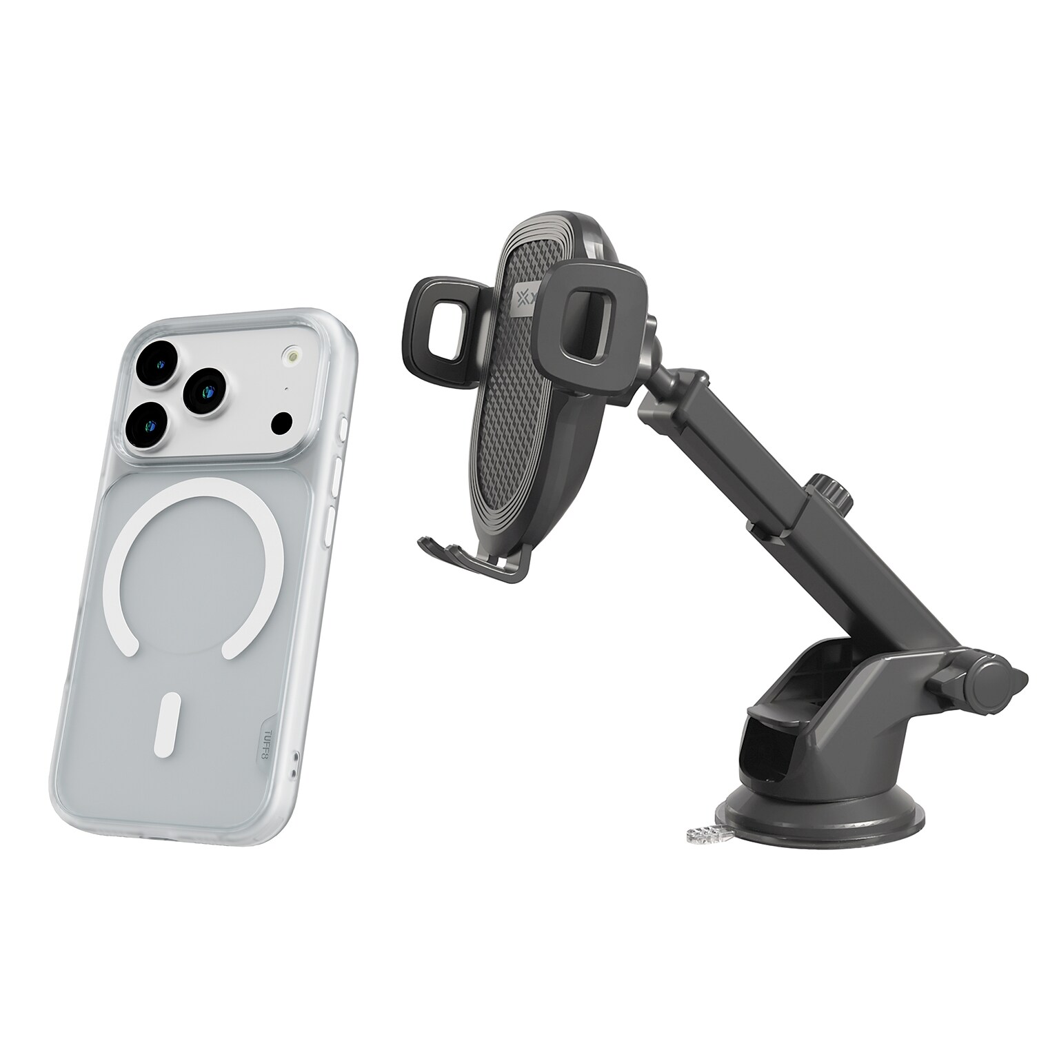 TUFF8 GlideGuard MagSafe Phone Case for iPhone 18 Pro with XYST Extendable Dash Mount, Matte Clear/Black (KITLIBBWR18PR08)