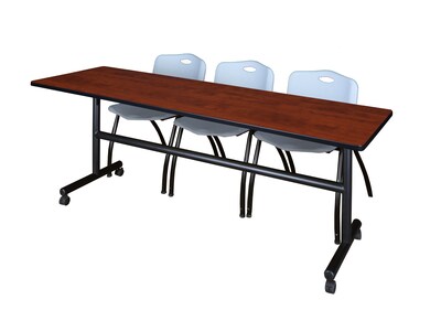 Regency Kobe 84 Flip Top Mobile Training Table- Cherry & 3 M Stack Chairs- Grey