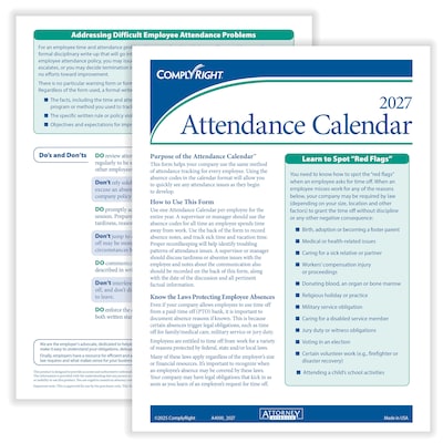 ComplyRight 2027 Attendance Calendar Card, 50 Forms/Pack (A4000W50)