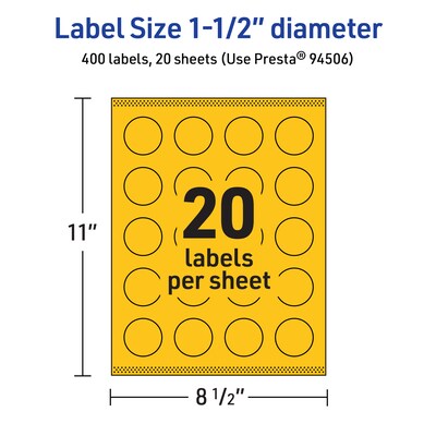 Avery Laser/Inkjet Round Multipurpose Labels, 1.5" Dia., Bright Yellow, 400/Pack (94506)