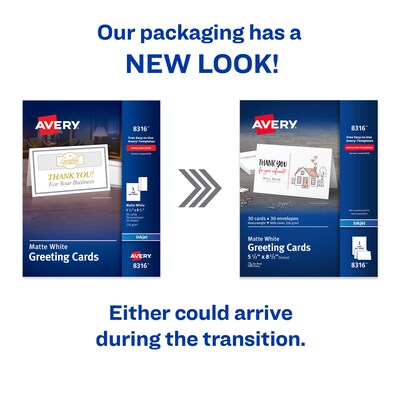 Avery Half-Fold Greeting Cards with Envelopes, 5.5 x 8.5, Matte White, Inkjet, 30/Pack (08316)