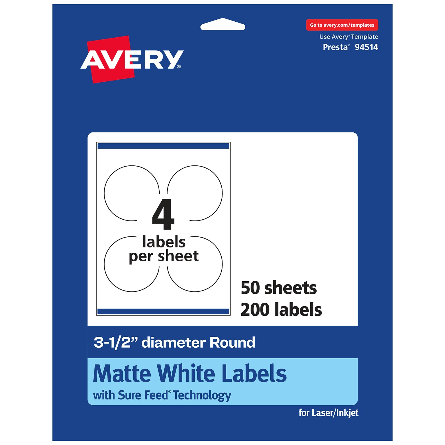 Avery Laser/Inkjet Round Multipurpose Labels, 3.5 Dia., White, 200 Labels/Box (94514)