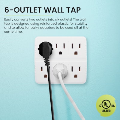 GoGreen Power Wall Tap, 6 Outlet, White, 3/Pack (GG-16000TW)