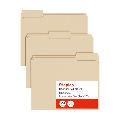 Staples Interior File Folders, Letter Size, Manila, Single-Tab Design for Sub-Folders, 100/Box