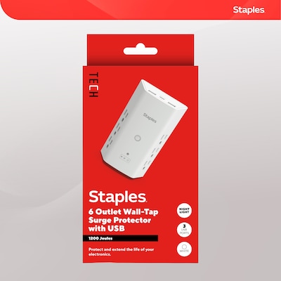 Staples TECH 6-Outlet 3-USB Port Surge Protector, 1200 Joules, White (ST62778)