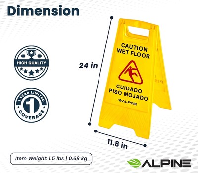 Alpine Industries 24 in. A-Frame Multilingual Caution Safety Wet Floor Sign, Yellow, 10 Pack (ALP499-10)