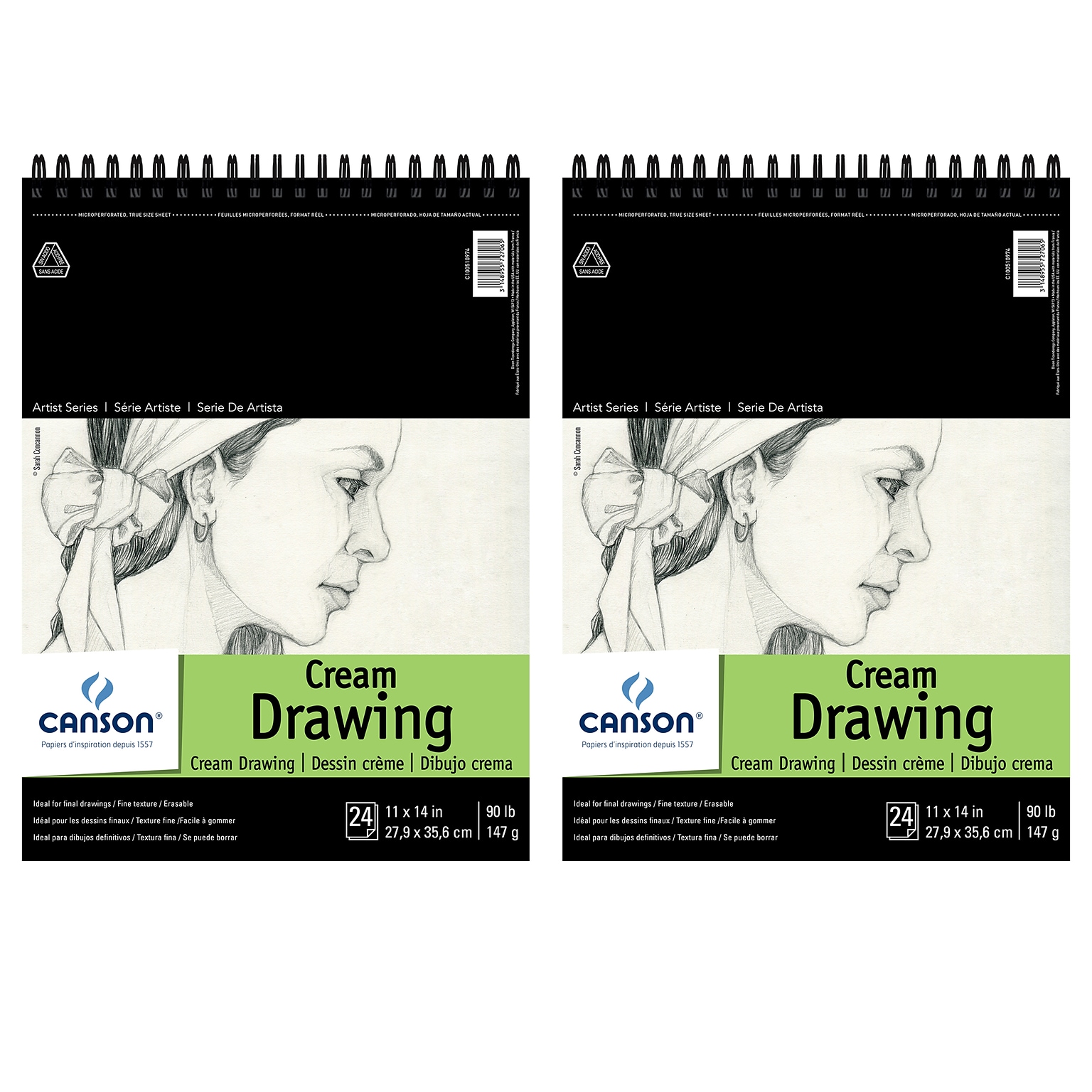 Canson Artist Series 11 x 14 Wire Bound Cream Drawing Sketch Pad, 24 Sheets/Pad, 2/Bundle (MCXC100510974-2)