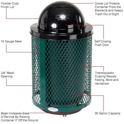 Global Industrial Outdoor Diamond Steel Trash Can w/ Dome Lid & Base, 36 Gallon, Green (261948GND)