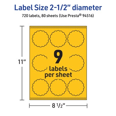 Avery Laser/Inkjet Round Scalloped Multipurpose Labels, 2.5" Dia., Bright Yellow, 720/Box (94516)