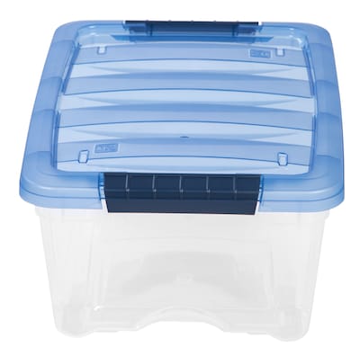 Iris Stack & Pull 12 Qt. Snap Lid Storage Boxes, Clear/Navy, 6/Carton (100306-CT)