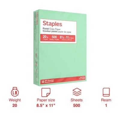Staples Pastel 30% Recycled Color Copy Paper, 20 lbs., 8.5" x 11", Green, 500/Ream (14781)