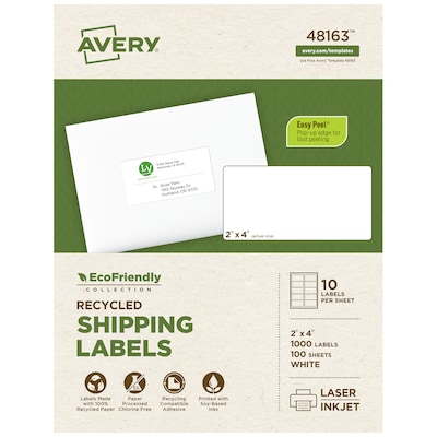 Avery EcoFriendly Laser/Inkjet Shipping Labels, 2 x 4, White, 1,000 Labels/Box (48163)
