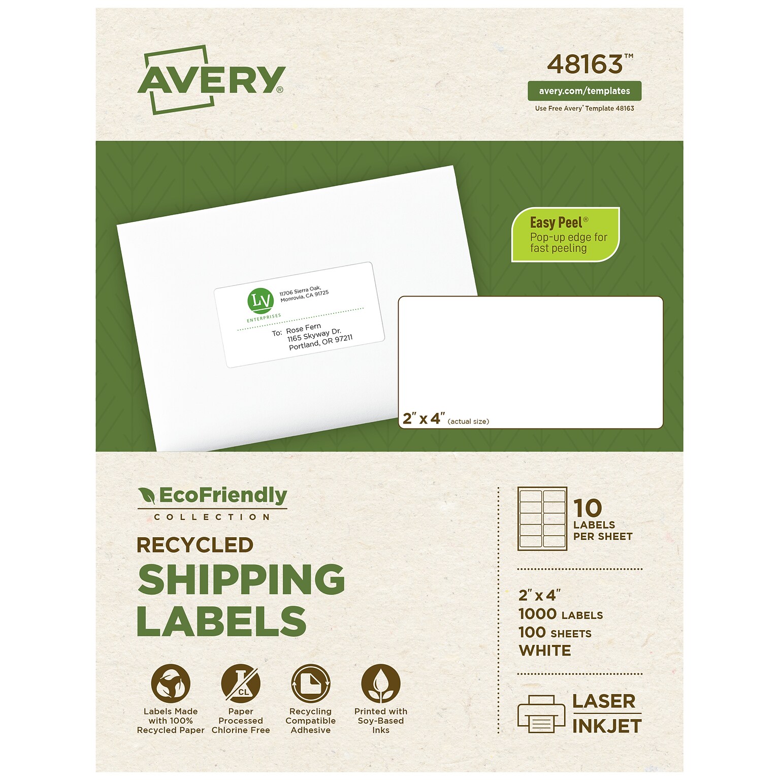 Avery EcoFriendly Laser/Inkjet Shipping Labels, 2 x 4, White, 1,000 Labels/Box (48163)