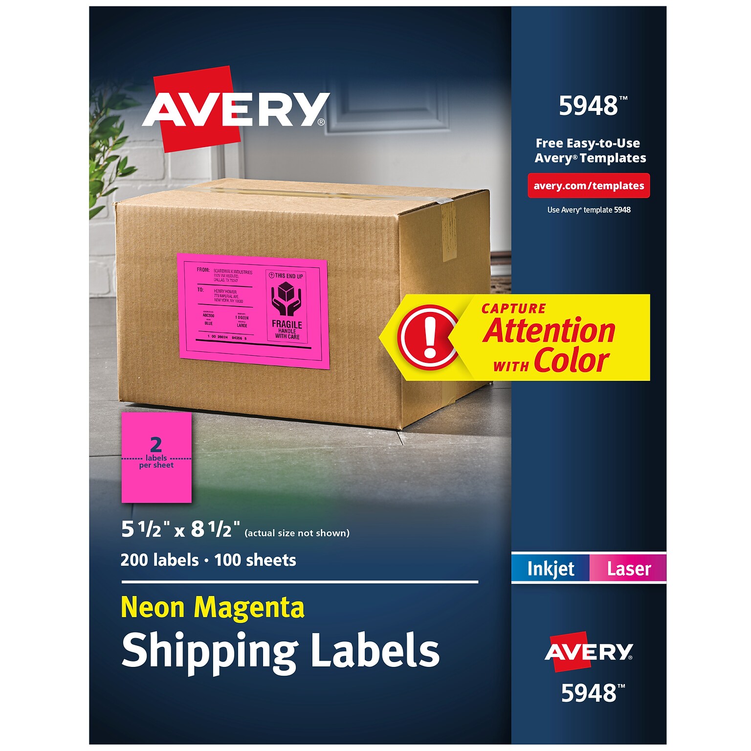 Avery Laser Shipping Labels, 5 1/2 x 8 1/2, Neon Pink, 200 Labels/Box (5948)