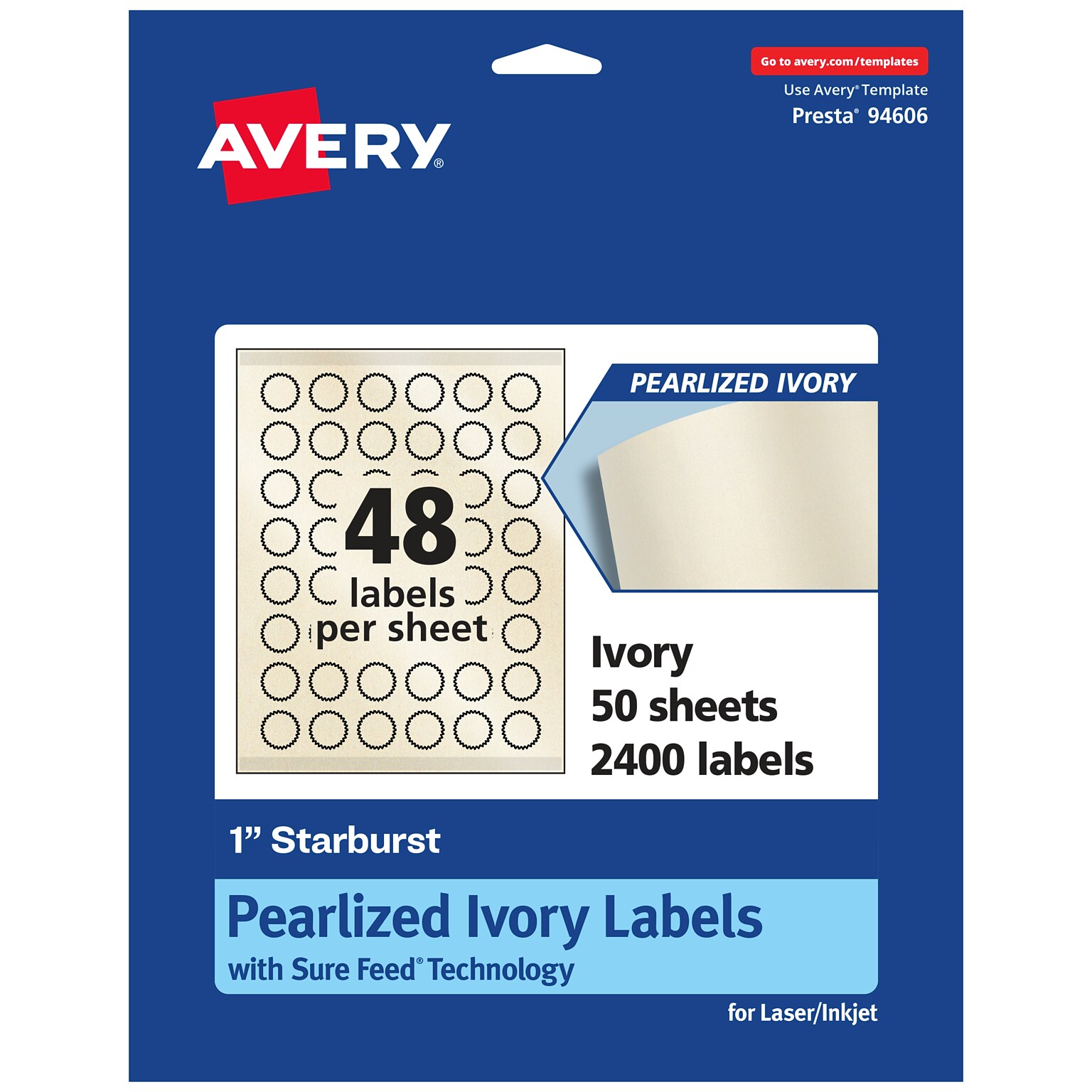 Avery Pearlized Ivory Burst Multipurpose Labels, 1, Ivory, 2400/Box (94606)