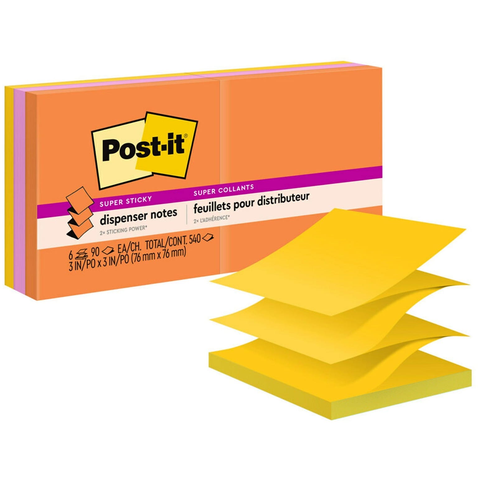 Post-it Super Sticky Pop-up Notes, 3 x 3, Energy Boost Collection, 90 Sheet/Pad, 6 Pads/Pack (R330-6SSUC)