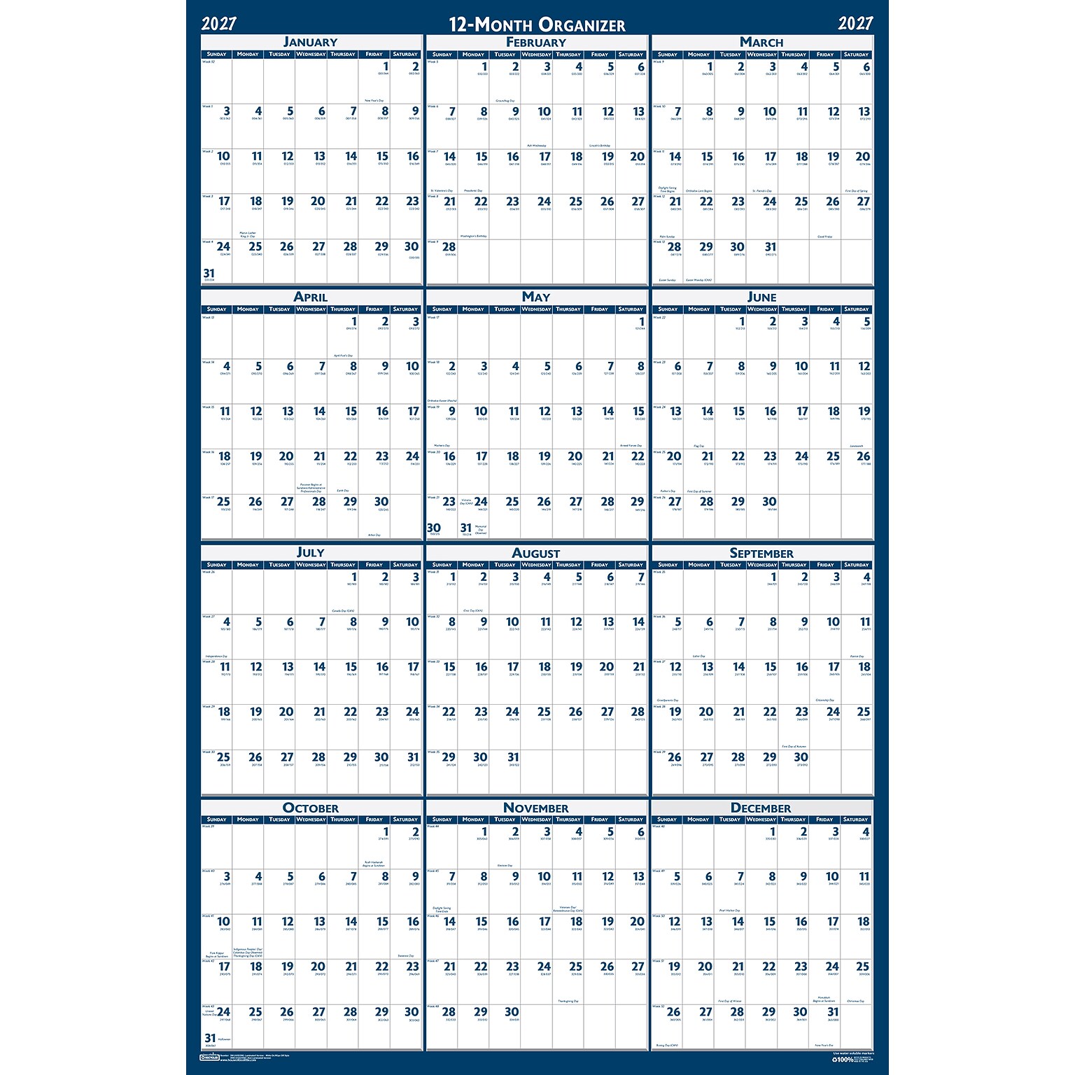 2027 House of Doolittle 24 x 37 Yearly Dry Erase Wall Calendar, Reversible, Blue (396-27)