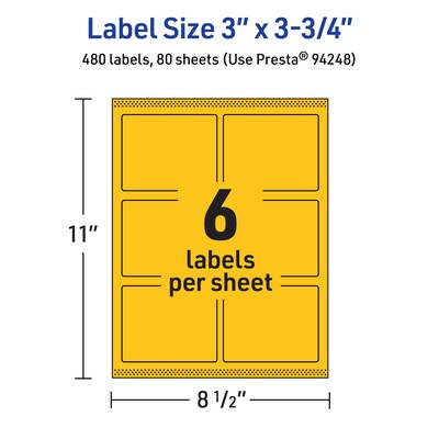 Avery Laser/Inkjet Rectangle Multipurpose Labels, 3" x 3.75", Bright Yellow, 480/Box (94248)