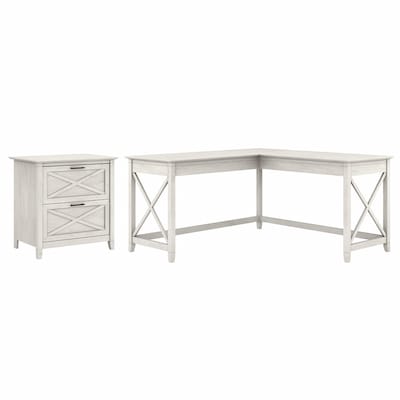 Bush Furniture Key West 60 L-Shaped Desk with 2-Drawer Lateral File Cabinet, Linen White Oak (KWS01