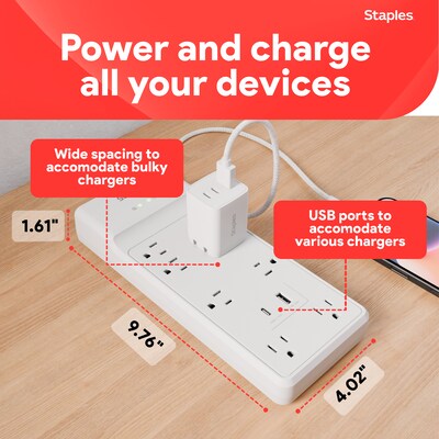 Staples TECH 8-Outlet 2-USB Port Surge Protector, 6', 2100 Joules, White (ST62775)