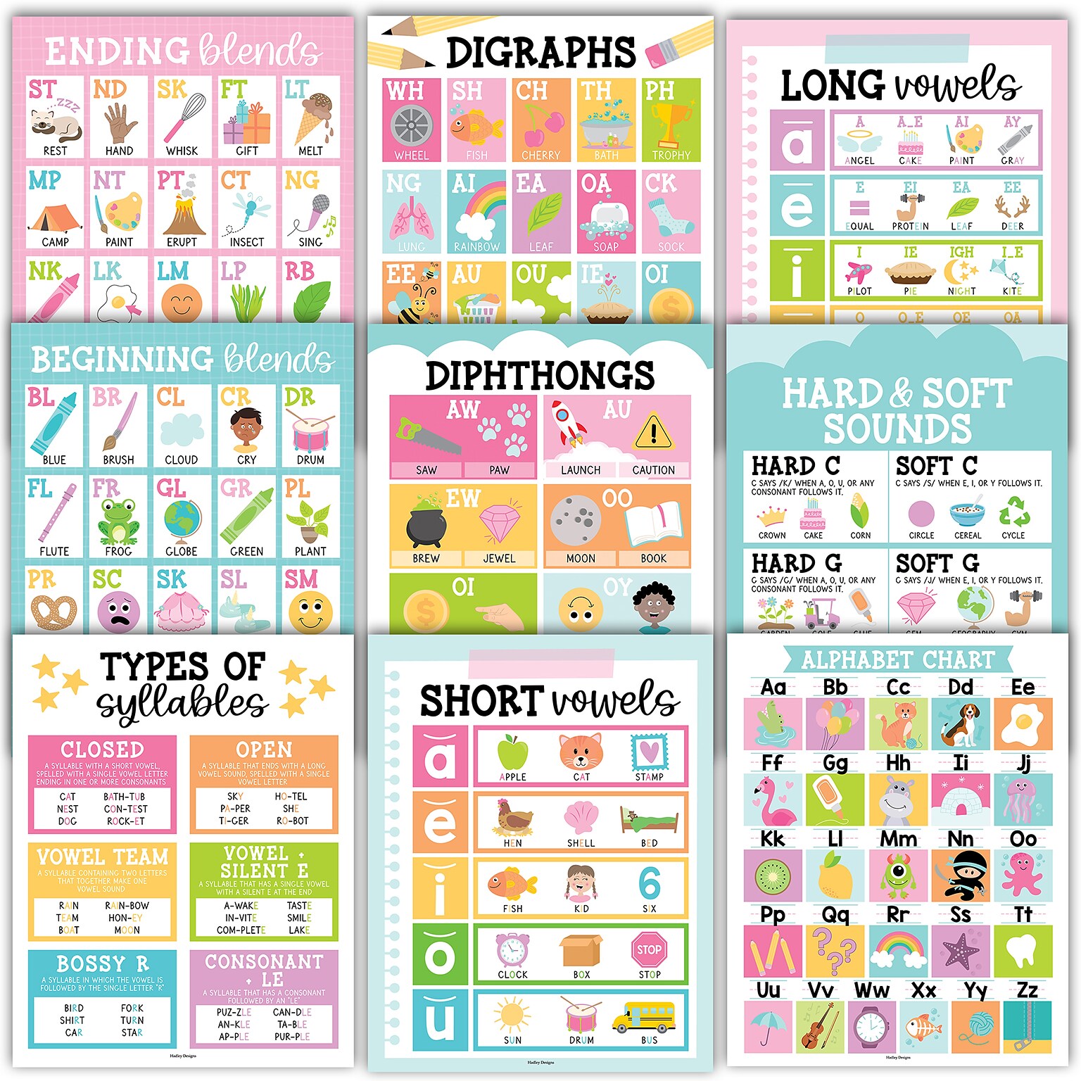 Hadley Designs 11 x 14 Colorful Sound Wall Phonics and Vowels English Posters, 9/Set (HDDX004ACFGFJ)