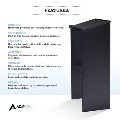 AdirOffice 46"H Floor Standing Lectern with Adjustable Shelf, Black (661-01-BLK)