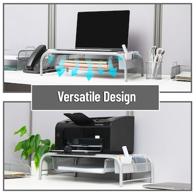 Mind Reader Monitor Stand with Paper Tray, Metal, Silver  (MESHMONSTA-SIL)