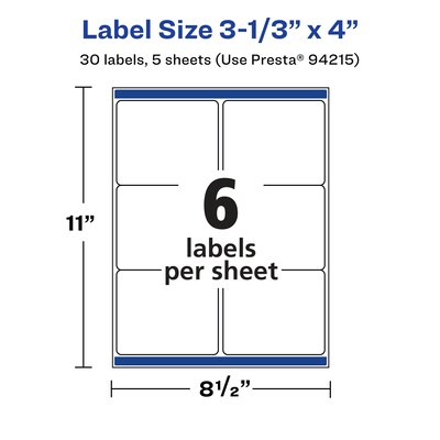Avery Laser/Inkjet Rectangle Waterproof Multipurpose Labels, 4"  x 3.3333", White, 30/Pack (94215)
