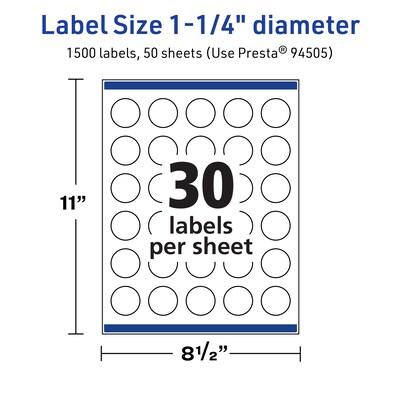 Avery TrueBlock Laser/Inkjet Circle Multipurpose Labels, 1.25" Dia., White, 1500/Box (94505)
