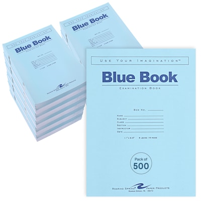 Roaring Spring Paper Products Exam Notebooks, 8.5 x 11, Wide Ruled, 8 Sheets, Blue, 500/Case (77517CS)