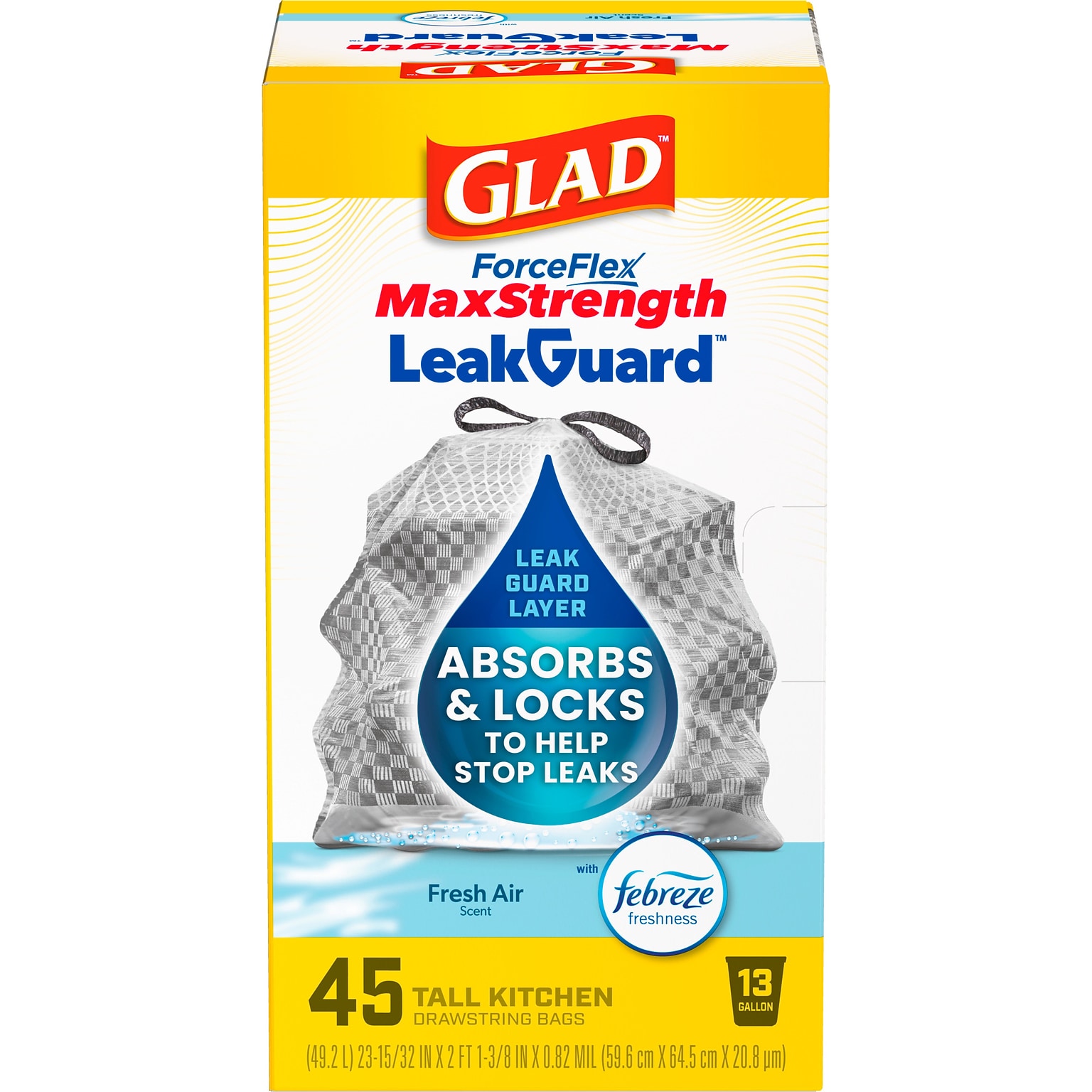 Glad ForceFlex MaxStrength 13 Gallon Drawstring Kitchen Trash Bag, Fresh Scent, Gray, 45 Total Bags (22645)