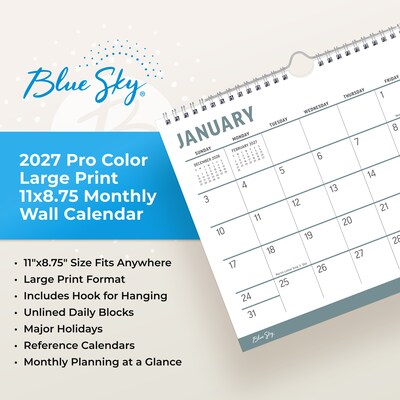 2027 Blue Sky 8.75" x 11" Monthly Wall Calendar, Gray/White (160978)