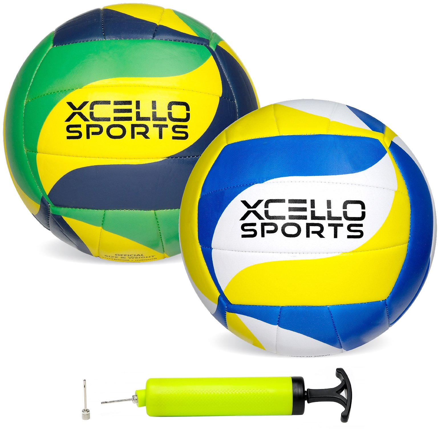 Xcello Sports Volleyballs with Pump, Green/Navy/Yellow and Blue/Yellow/White, 2/Pack (XS-VB-2-ASST-3)