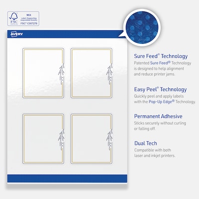 Avery Laser/Inkjet Rectangle Multipurpose Labels, 4" x 3-1/3", White, 40/Pack (S00-DNF)