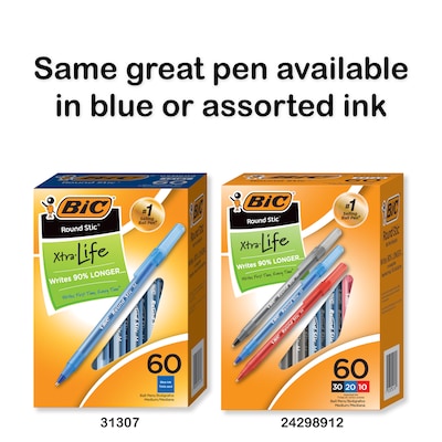 BIC Round Stic Xtra-Life Ballpoint Pen, Medium Point, 1.0mm, Black Ink, 60/Pack (GSM609-BLK)