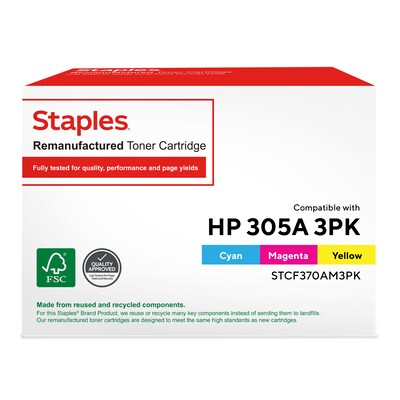 Staples Remanufactured Tri-Color Standard Yield Toner Cartridge Replacement for HP 305A (TRCF370AM3PK/STCF370AM3PK), 3/Pack