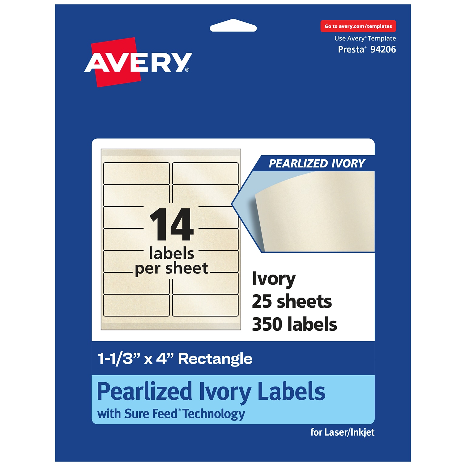Avery Pearlized Ivory Rectangle Multipurpose Labels, 1-1/3 x 4, Ivory, 350/Pack (94206)