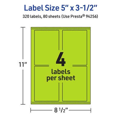 Avery Laser/Inkjet Multipurpose Rectangle Labels, 5" x 3.5", Bright Green, 320/Box (94256)