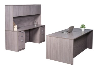 Boss Office Products 66 Desk and Credenza with Hutch and 2 File Pedestals, Driftwood (GROUPA16-DW)