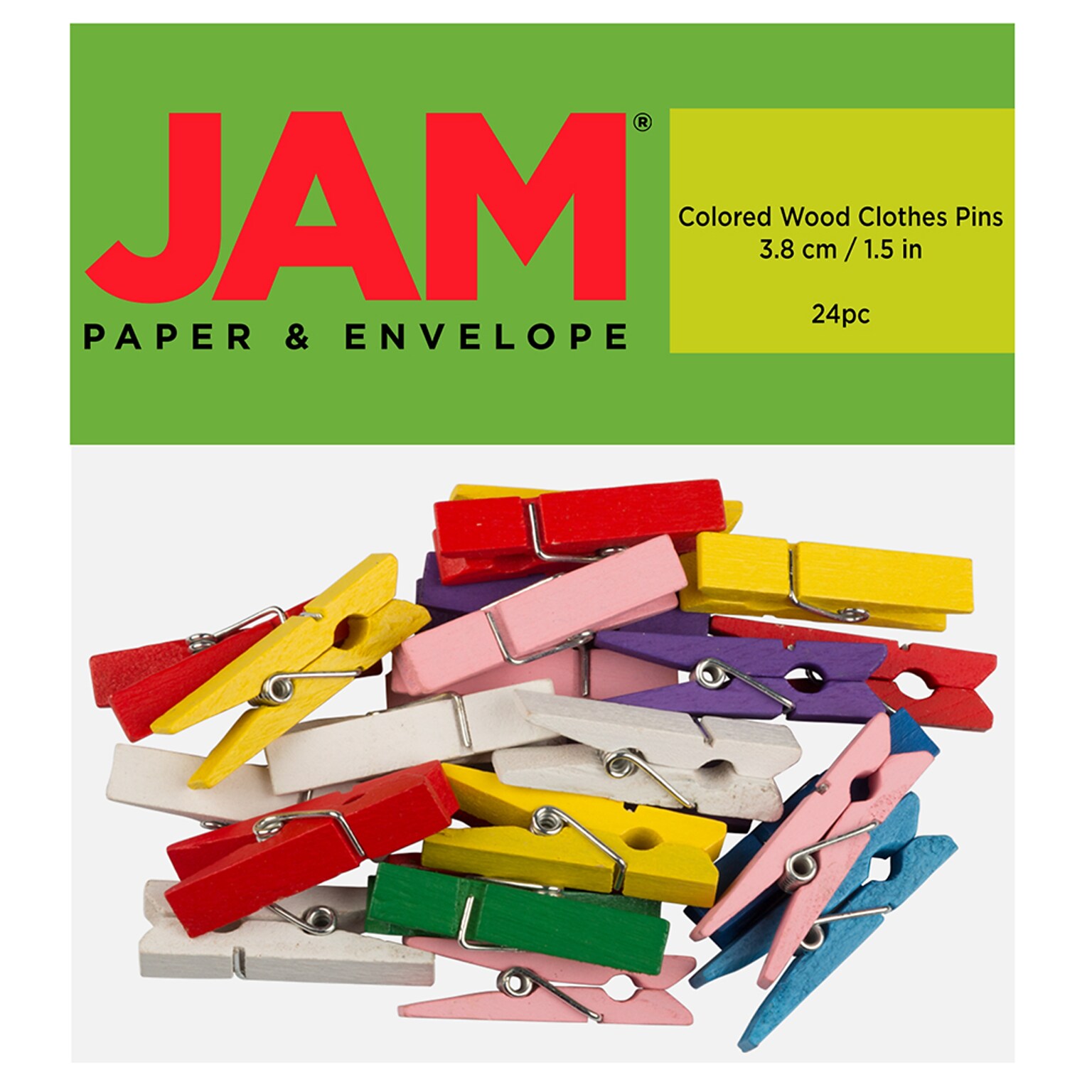 JAM Paper Wood Clip Large Clothespins, Assorted Colors, 24/Pack (230734409)