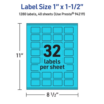 Avery Laser/Inkjet Multipurpose Rectangle Labels, 1" x 1.5", Bright Blue, 1280/Pack (94219)