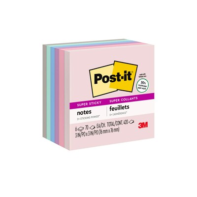 Post-it Recycled Super Sticky Notes, Wanderlust Pastels Collection, 3 in x 3 in,  70 Sheets/Pad, 6 P