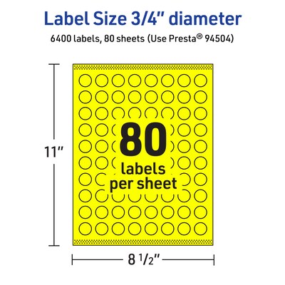 Avery Laser/Inkjet Round Multipurpose Labels, 0.75" Dia., Neon Yellow, 6400/Box (94504)