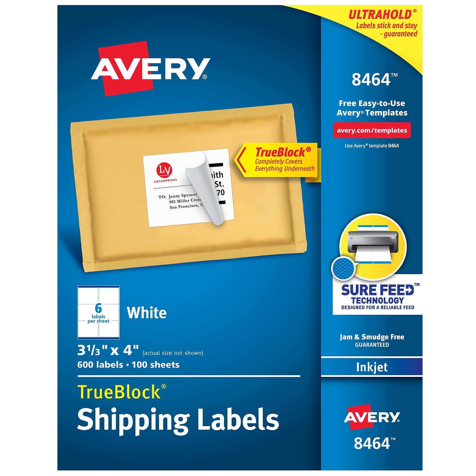 Avery TrueBlock Inkjet Shipping Labels, 3-1/3 x 4, White, 600 Labels/Box (8464)