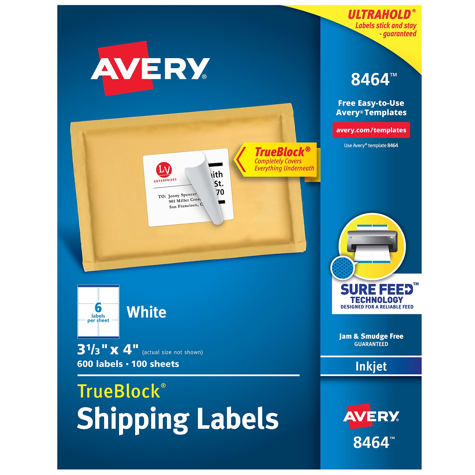 Avery TrueBlock Inkjet Shipping Labels, 3-1/3 x 4, White, 6 Labels/Sheet, 100 Sheets/Box (8464)