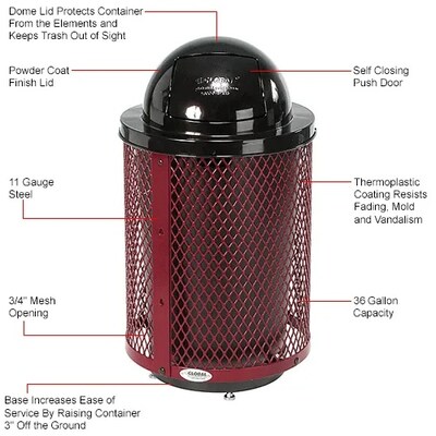 Global Industrial Outdoor Diamond Steel Trash Can w/ Dome Lid & Base, 36 Gallon, Red (261948RDD)