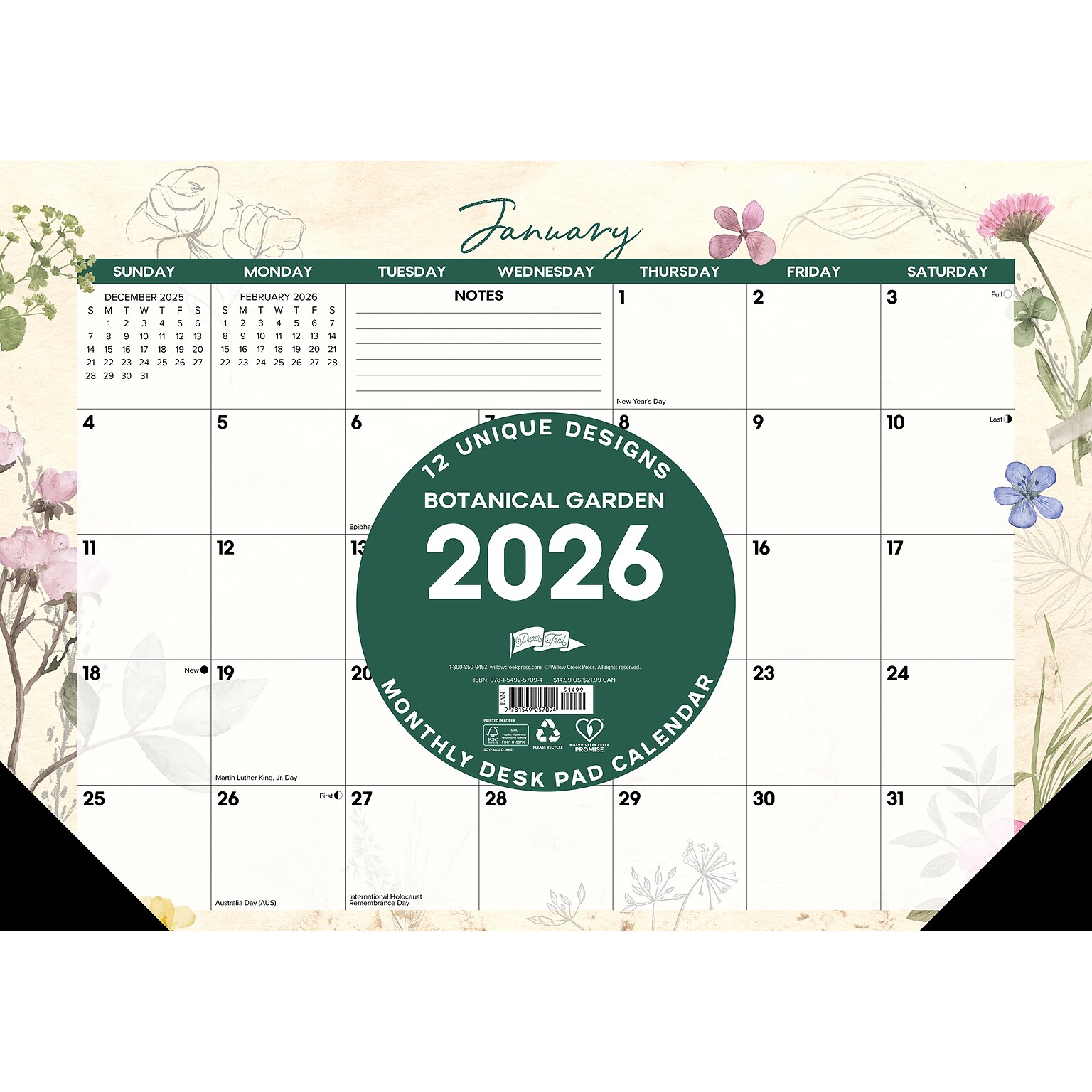 2026 Willow Creek Botanical Garden 17 x 12 Monthly Desk Pad Calendar (57094)