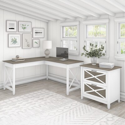Bush Furniture Key West 60 L-Shaped Desk with 2-Drawer Lateral File Cabinet, Shiplap Gray/Pure Whit