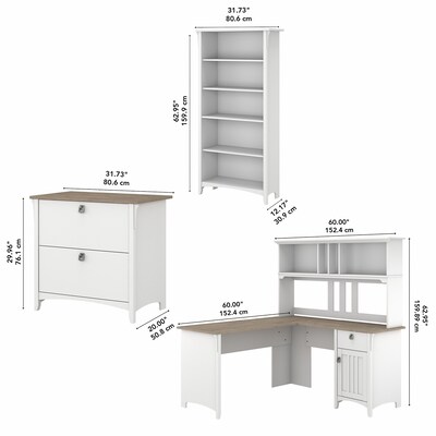 Bush Furniture Salinas 60" L-Shaped Desk with Hutch, File Cabinet and 5-Shelf Bookcase, Shiplap Gray/Pure White (SAL007G2W)